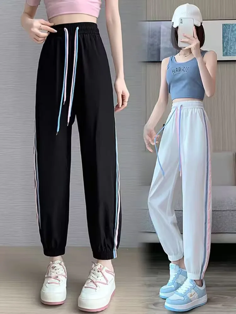 Pantaloni sportivi Qui Dry per studenti delle scuole medie inferiori Pantaloni casual sottili con risvolto a righe nuovi estivi Assorbenti del sudore a vita alta