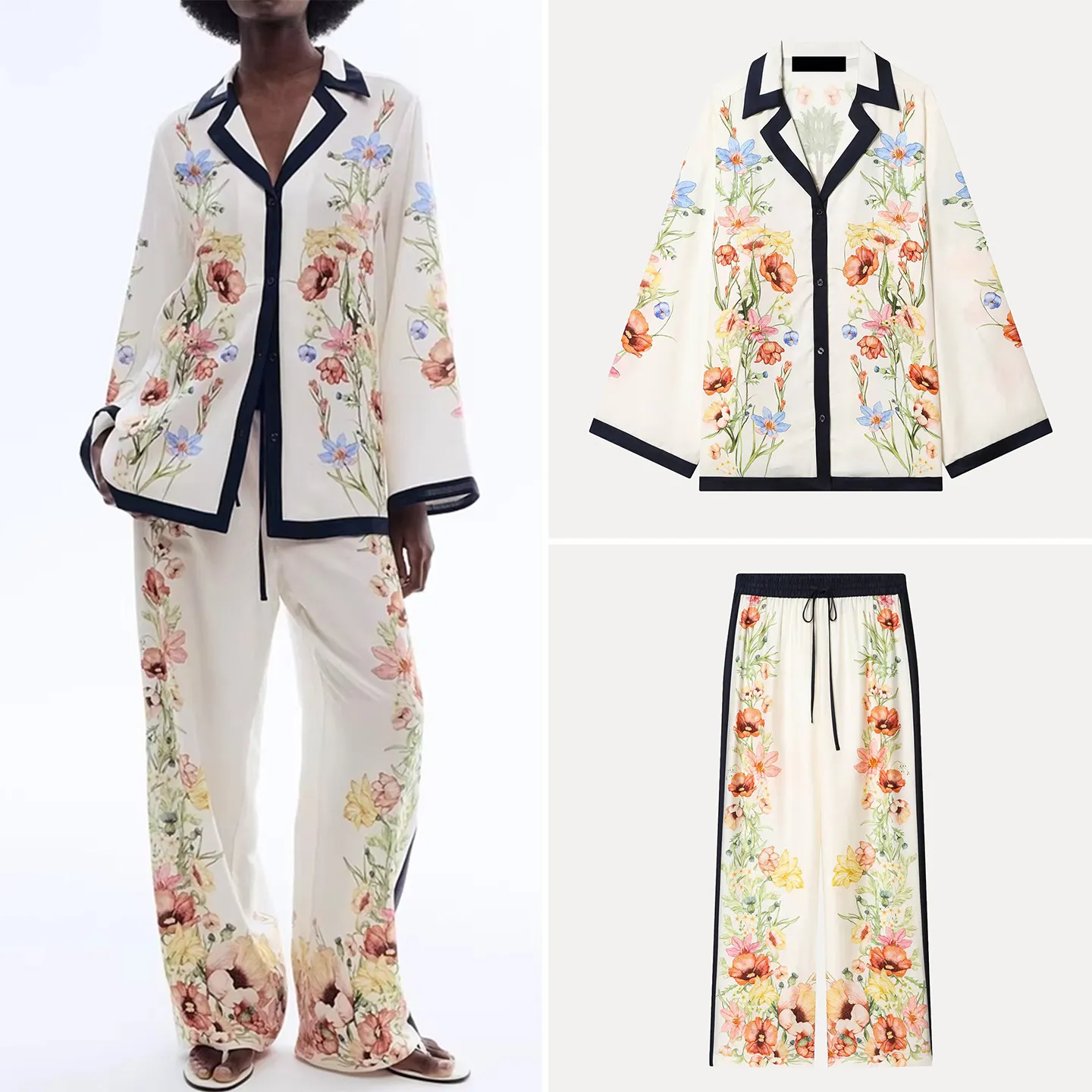 

Women's Spring 2026 New Cuban Collar Shirt Floral Print Lenzing Pants Fashionable Two-Piece Set Long Sleeve Regular Length