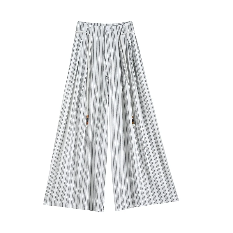 Ice Silk Cotton Linen Striped Wide Leg Pants for Women Summer Lazy Style Straight Leg Casual Trousers Women Sun Protection Pants