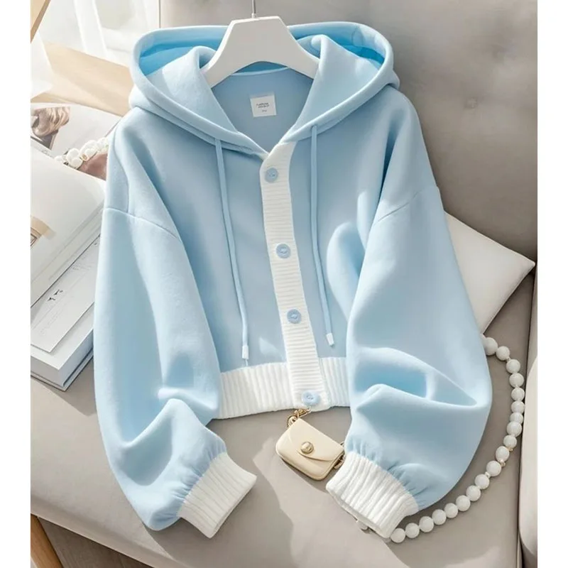 Lazy Wind Femme Hooded Sweatshirts Jacket Autumn Winter Women Patchwork Cardigan Hoodies Advanced Ladies Loose Blue Top Coat