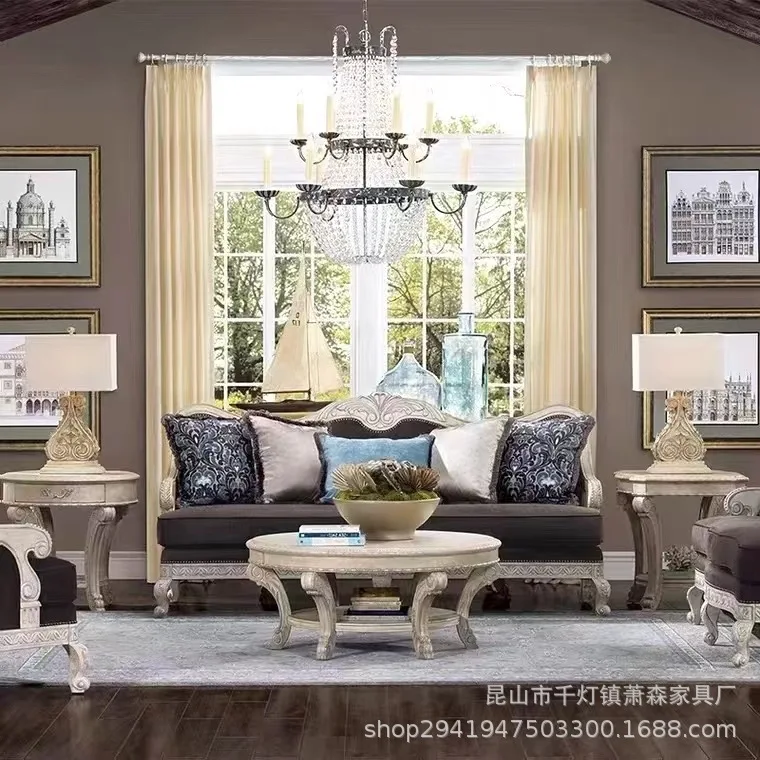 

Old carved single three-person sofa combination solid wood light luxury living room three-person sofa combination