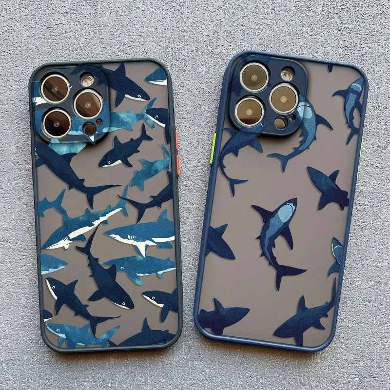 

Cartoon Ocean Shark Phone Case For iPhone 17 16 15 11 12 14 13 Pro Max Mini X XS XR 7 Plus 16E Air Shockproof Hard Matte Cover