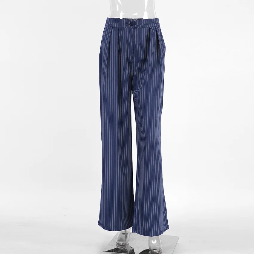 Blue Striped Pants Vintage Comfortable Casual Euro-America Style Autumn Fashion All-match Women Suit Pants