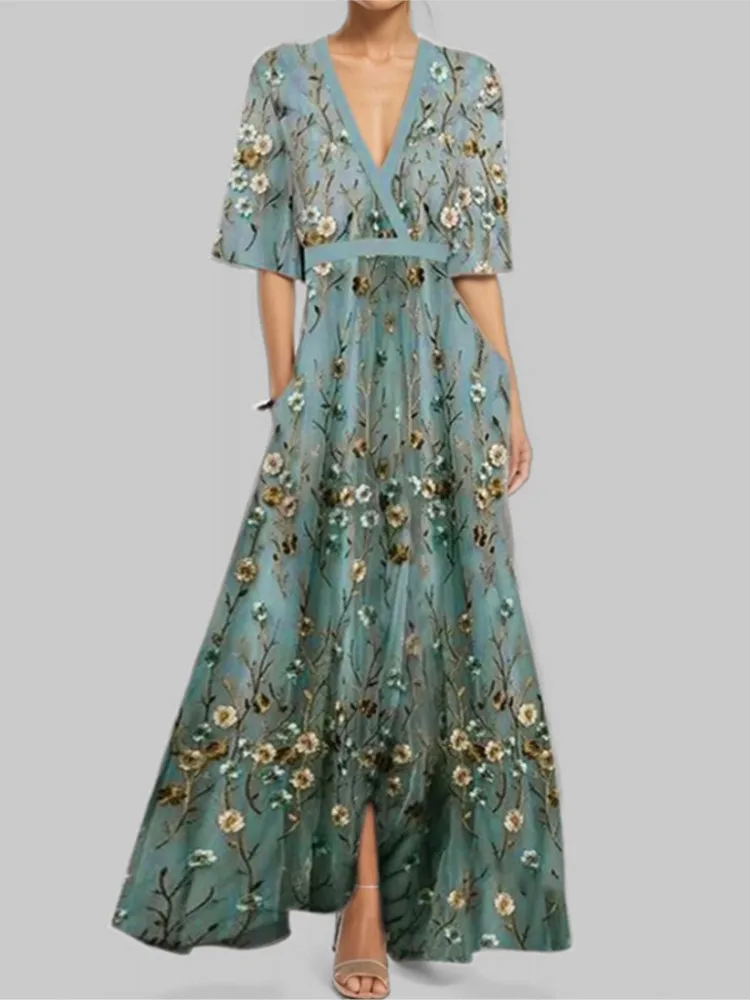 

2025 Spring New Style Waist-hugging Slim Print V-neck Long-sleeved Dress Fashionable Casual Temperament Women's Dress