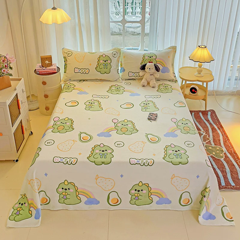 Cartoon Dinosaur Milk Velvet Bed Sheet Set, Rainbow Pattern Soft Thickened Bed Cover, Children's Winter Bedroom Warm Flat Sheet