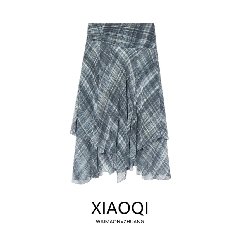 

Зима 2025 г., асимметричная клетчатая юбка с высокой талией, женская модная универсальная Новое поступление, свободная юбка Ci для поездок на работу