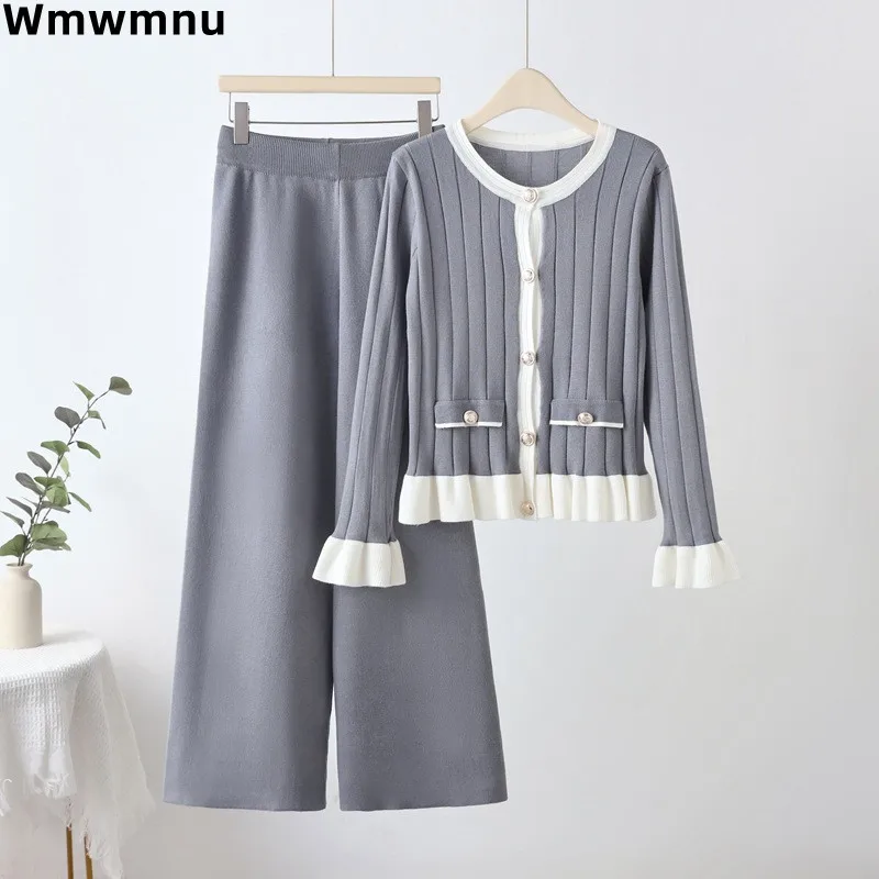 

Knitted New Casual Women 2 Piece Sets Pleat Long Flare Sleeved Ruffled Edge Cardigan Tops Outfit High Waist Wide Leg Pants Suit