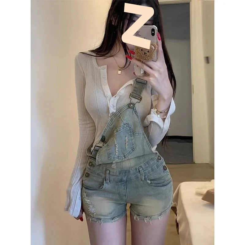 หญิง DENIM Overalls กางเกงขาสั้นเปิดกางเกง Crotch American Hottie ล้างเก่า Ripped ผู้หญิง 2025 ฤดูร้อน Super กางเกงขาสั้น