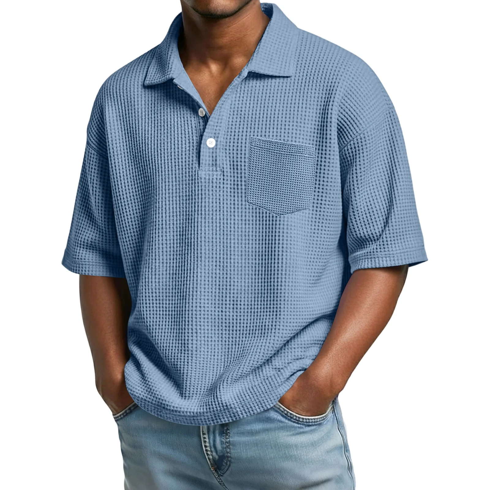 Waffle Shirt For Men Henley Neck Solid Color Lightweight Breathable Slim Fit Single Breasted Shirt Short Sleeve Button Up