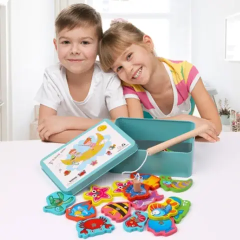 Montessori Holz Magnetisches Angelspiel Magnet Fischfang Puzzle Lernspielzeug für Kinder Motoriktraining Spielzeug