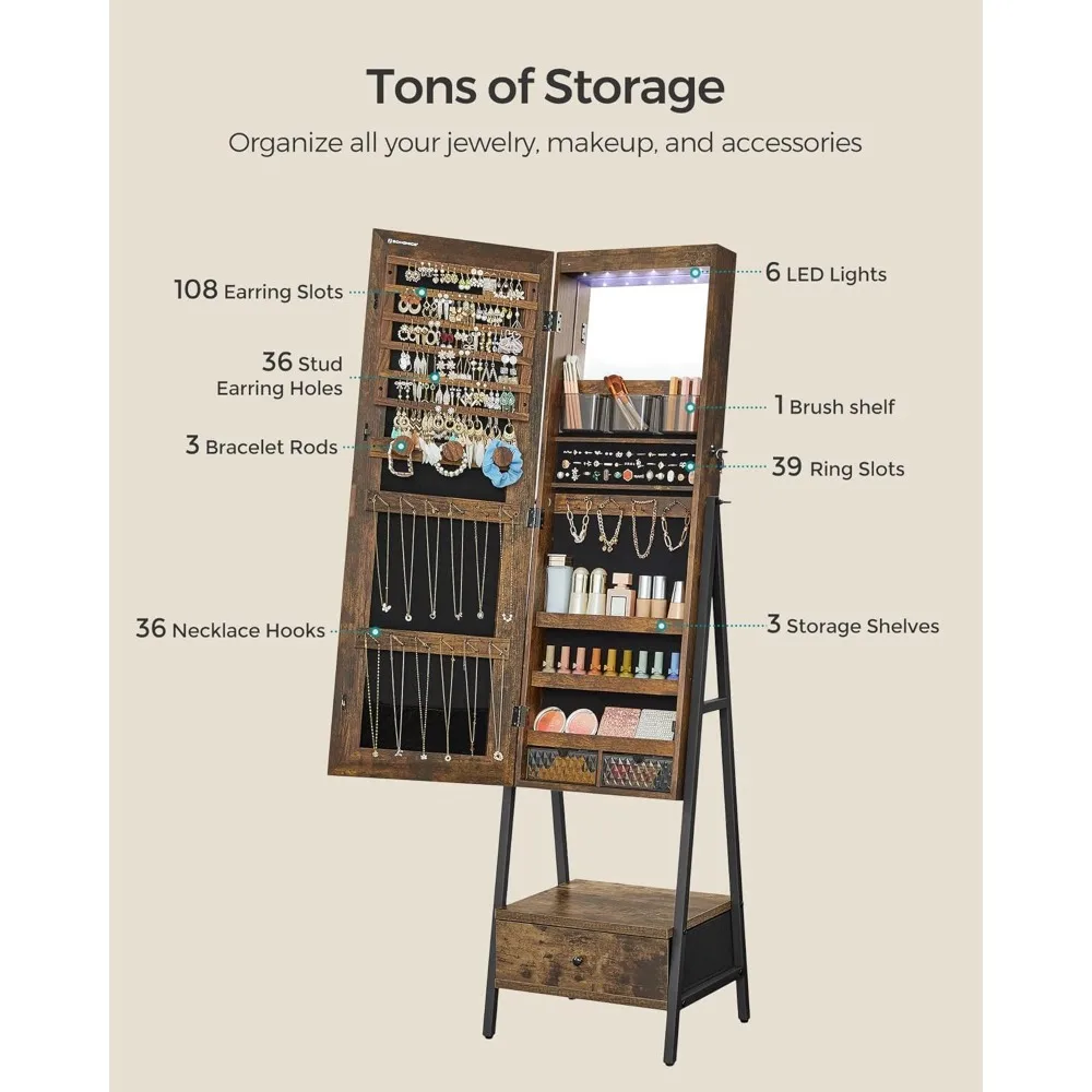 Gabinete de joyería LED con espejo de longitud completa, organizador de almacenamiento con cerradura, acabado marrón rústico para decoración del hogar que ahorra espacio