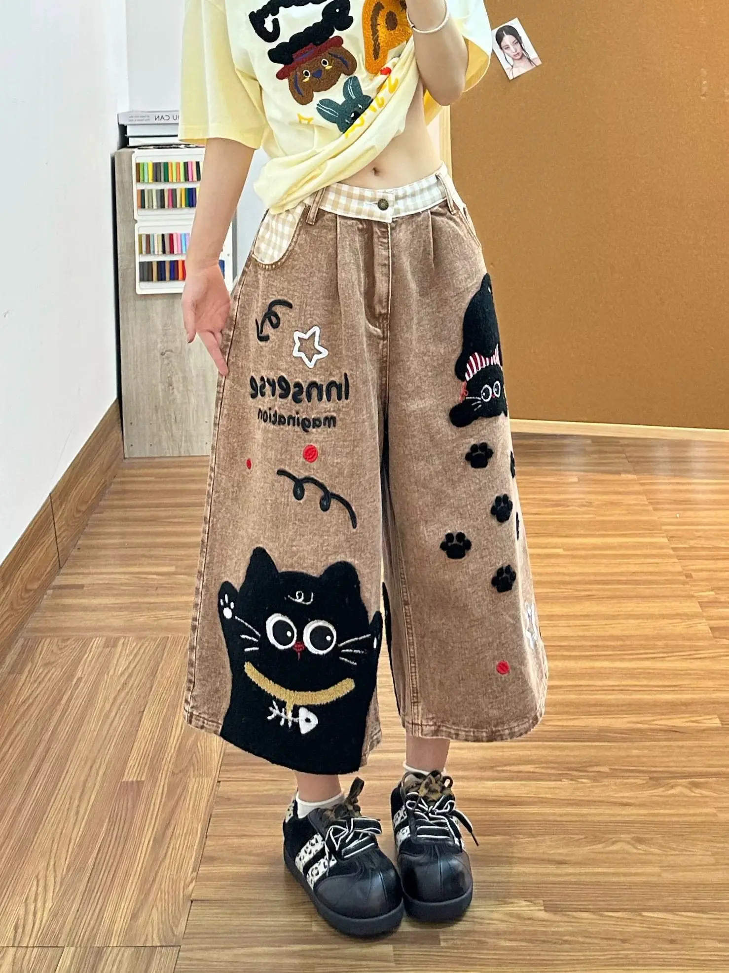 Y2K Cartoon Cat Towel Embroidered Denim Cropped Pants Loose Wide Leg Shorts Summer Trendy for Women