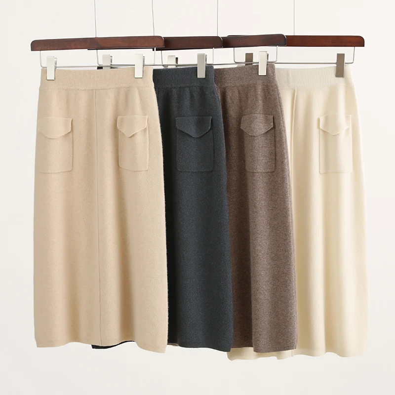 

Korean Autumn Winter Women Mid-Length High-Waisted Skirt 100% Merino Wool Knitwear Elastic-Waist Female Grace Casual Loose Skirt