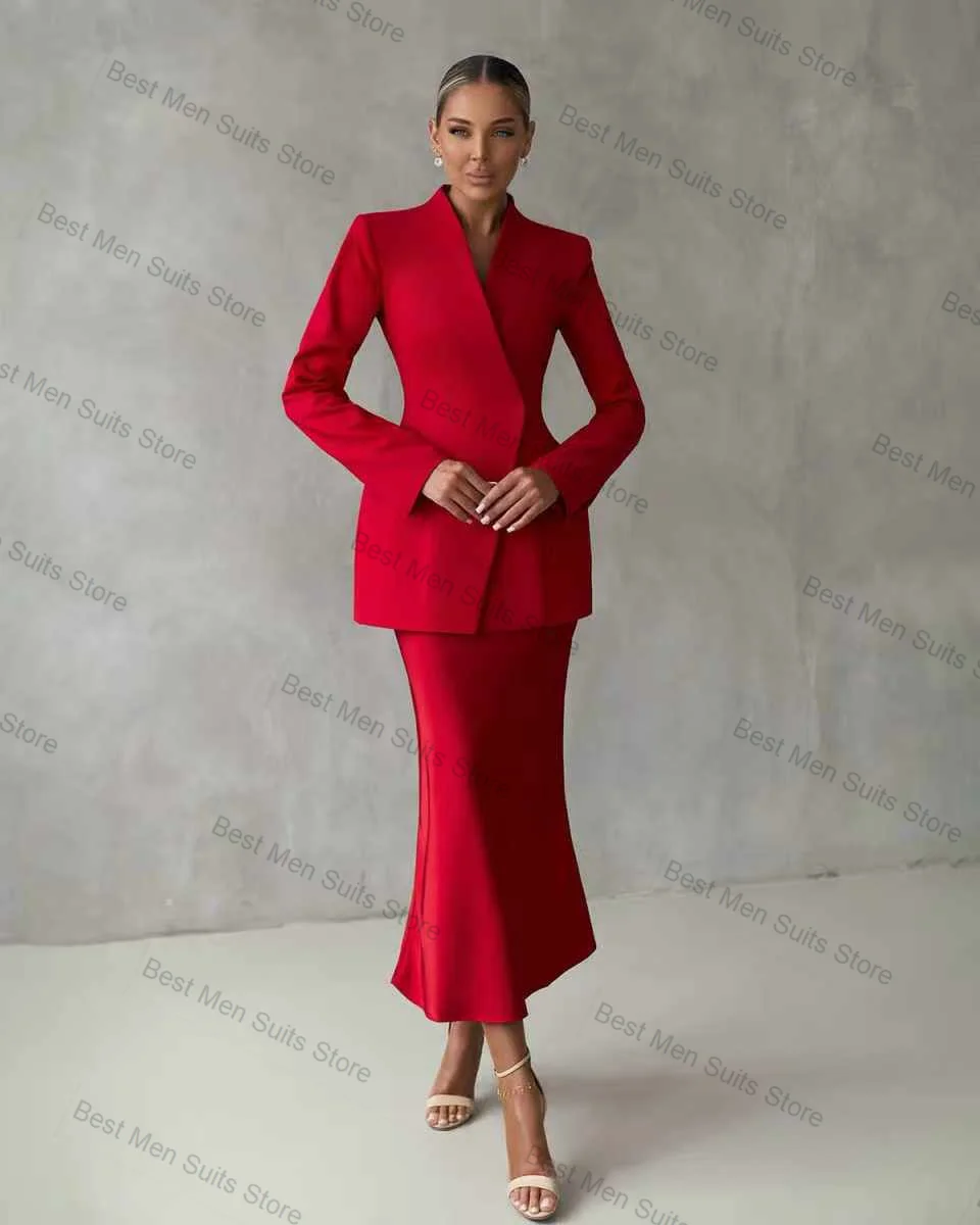 

Red Women Suit Skirt Set 2 Pcs Blazer+Prom Dress Autumn Spring Formal Office Jacket Customized Wedding Tuxedos Cotton Coat