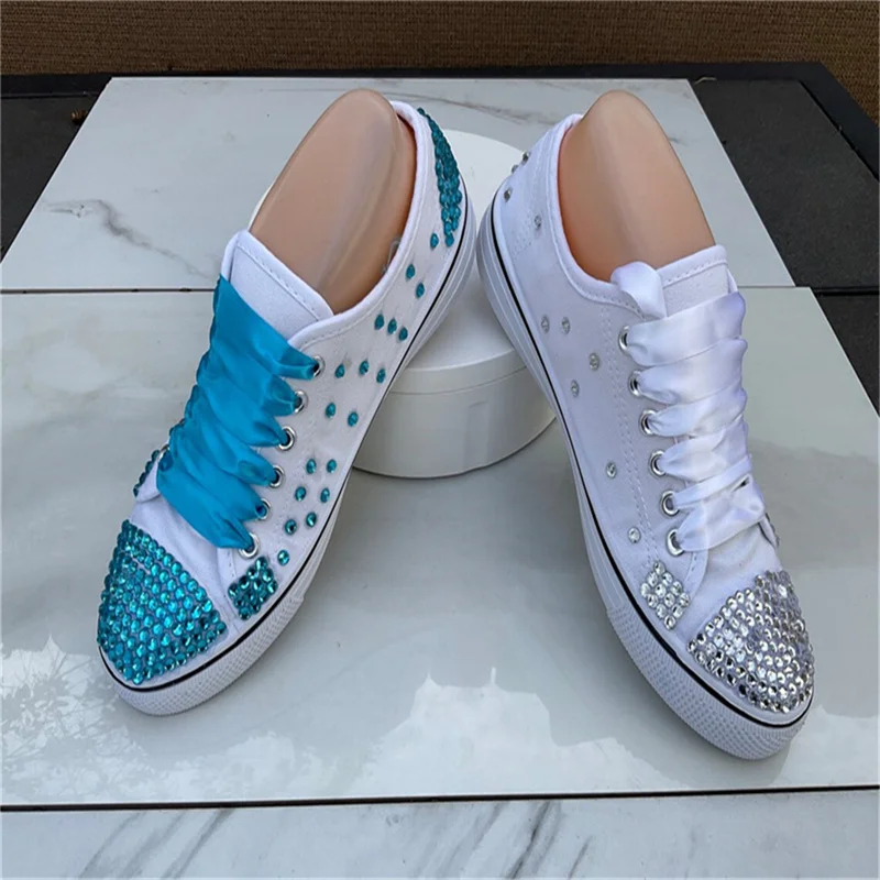 Handmade custom white rhinestone lace wedding plimsolls women's large size comfortable casual sports shoes 35-46