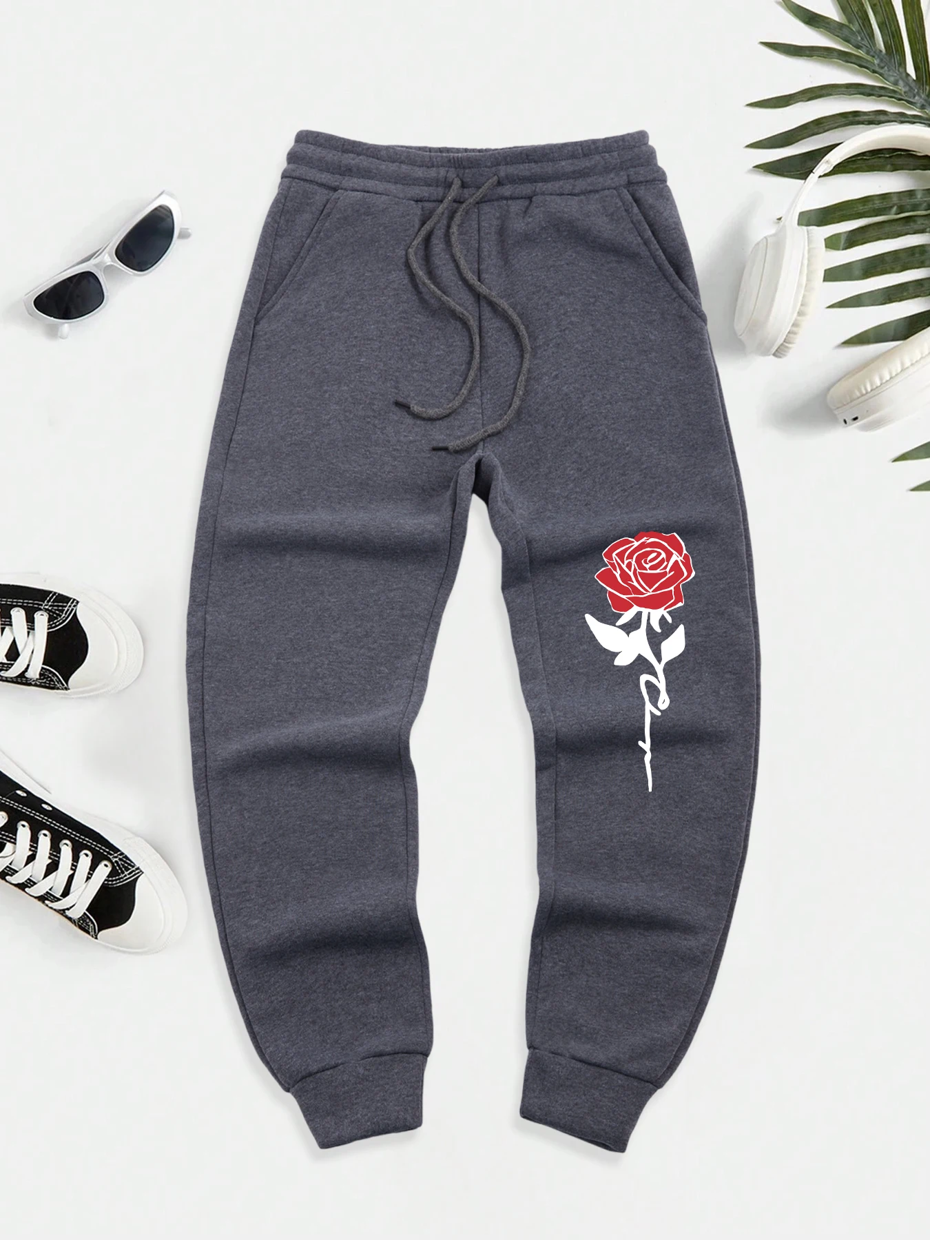 

Red Rose Pattern Men'S Fleece Loose Pants Warm Drawstring Joggers Autumn Pocket Men Sweatpants Casual Fashion New Jogging Pant