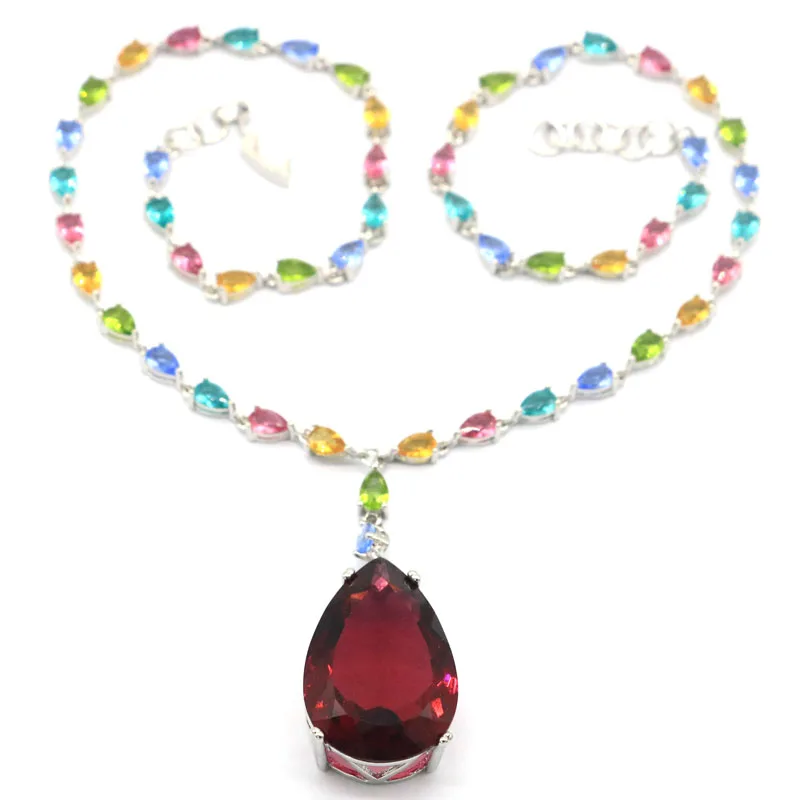 

30x20mm Multi Color Drop Gemstone 25g Blue Topaz Rhodolite Garnet Citrine Peridot Women Dating Silver Necklace Length 18-19inch