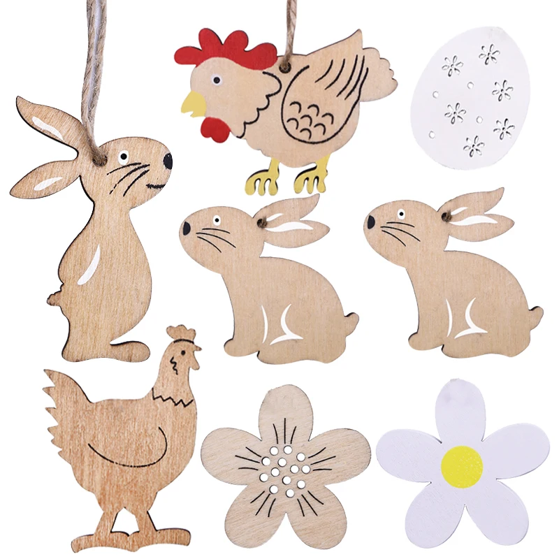 

8/10Pcs Happy Easter Decorations Wood Chickens Bunny/Rabbits Eggs Flowers for Easter Home Decorative Wood Pendant With Rope