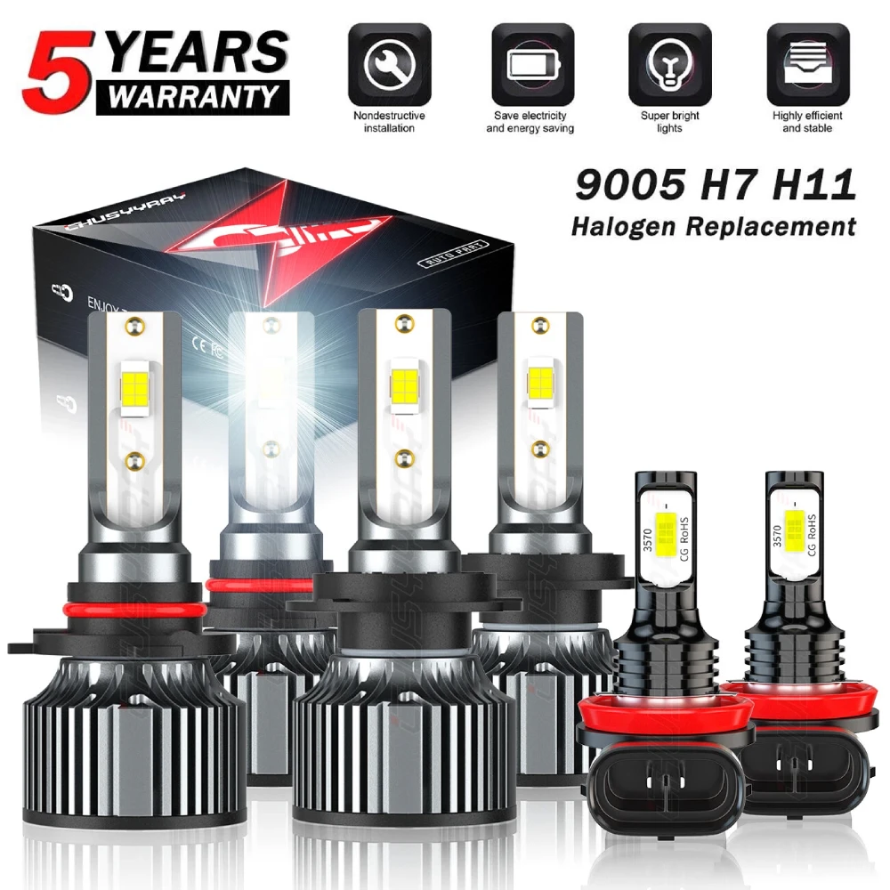 

6x Canbus 9005 H7 H11 LED Headlight Bulbs High Low Beam Fog Light Combo 9-32V 150W 100000LM 6000K 1:1 Same Size Plug and play