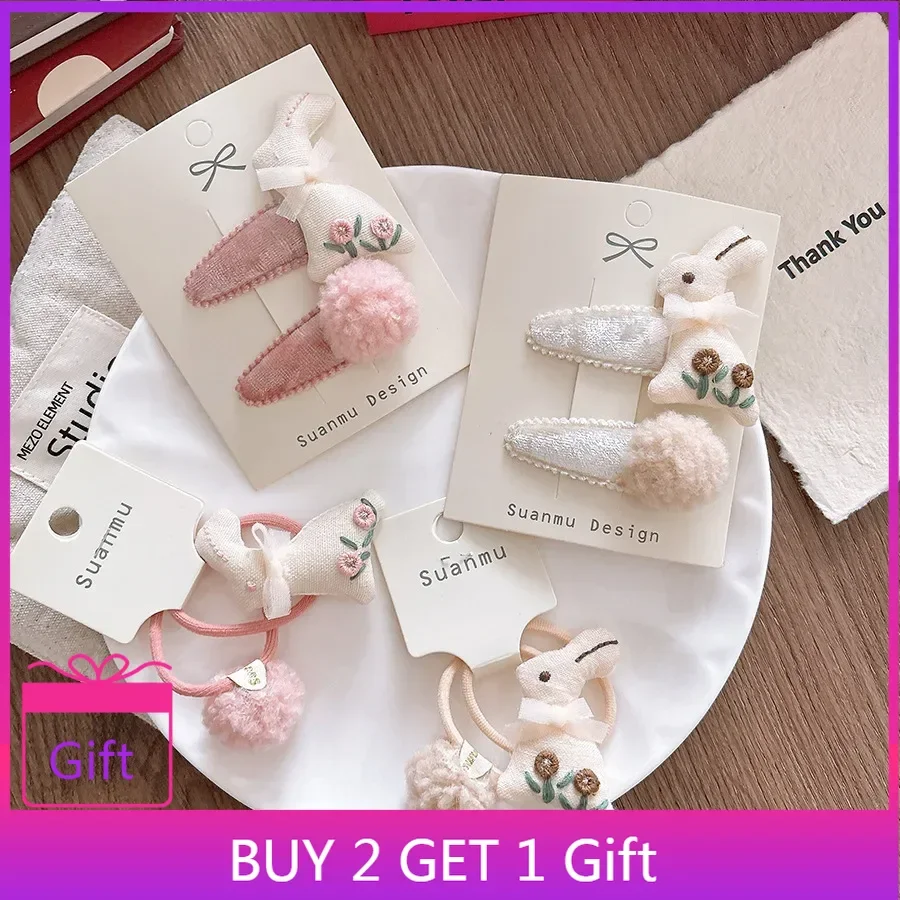 Otoño Invierno dulce bordado 3D lindo conejo bebé terciopelo BB Clips horquillas laterales niñas Sakura Rosa esponjoso Pom lazos para el cabello