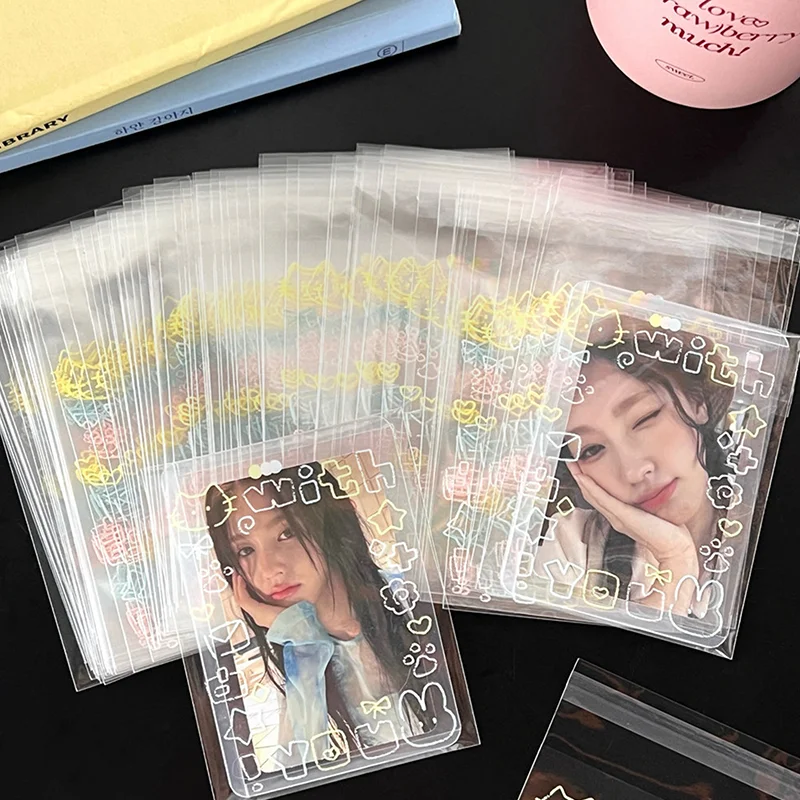 50Pcs Transparent Cute Graffiti Kitten Self-adhesive Opp Bag Kpop Idol Photo Cards Protective Storage Bags Photocard Card Sleeve