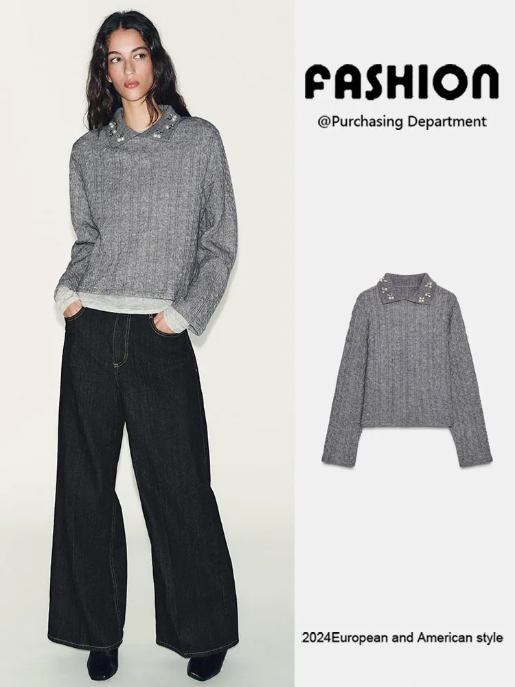 

Новый зимний женский вязаный свитер с воротником-стойкой и декоративными элементами, длинный рукав, стандартная длина, вязаная ткань, европейский стиль, модный дизайн