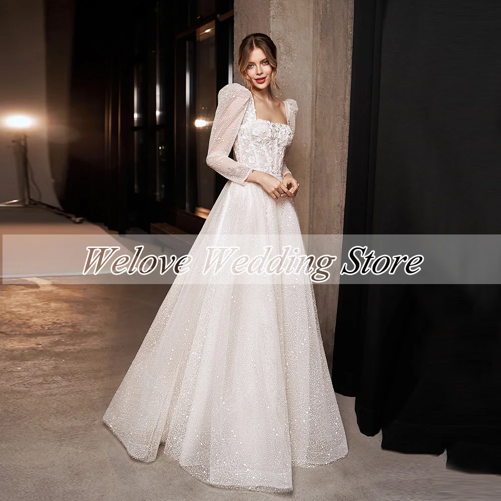 Puff Sleeves Glitter Wedding Dress For Bride Formal Invited Bridal Gown Floor Length Shine Princess Square Neck Custom Vestidos