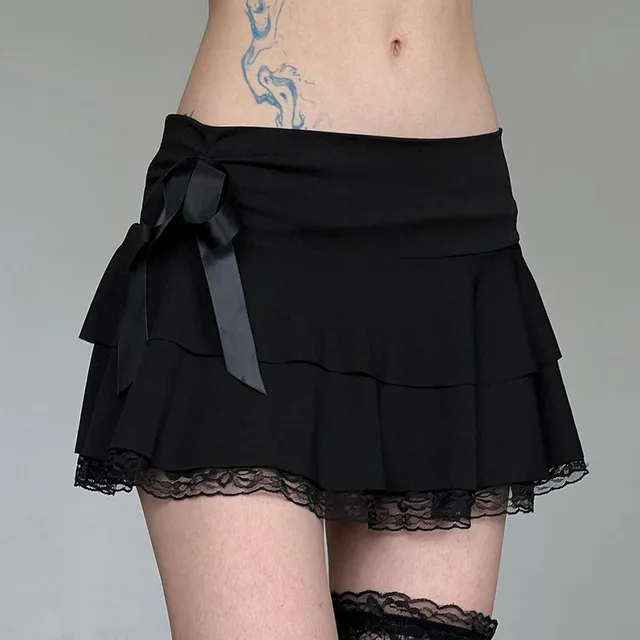 Goth Y2K Black Lace Trim Bow A Line Mini Spódniczka Damska Koreańska Odzież Uliczna