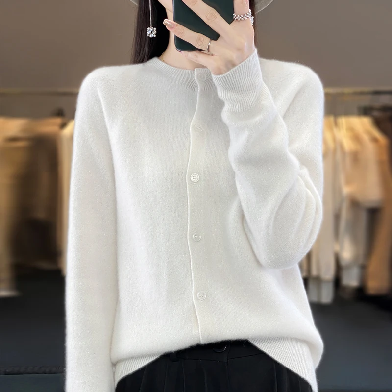 New Fashion O-neck Sweater Cardigan Women Autumn Winter 100% Merino Wool Sweaters 2024 Female Clothe Knitted Long Sleeve Tops