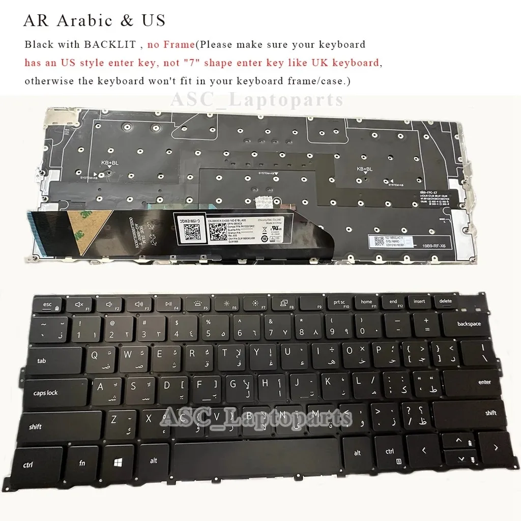New Arabic Brazil French Japanese US Keyboard for Dell XPS 13 9300 9301 9310 2020 P117G 00Y78C BACKLIT, No Frame, Black/White