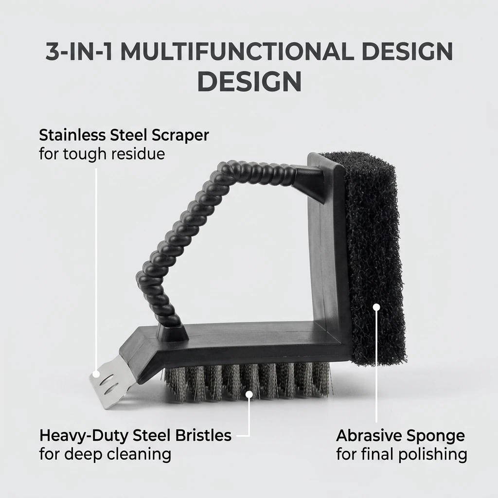 BBQ Grill Brush 3-in-1 Stainless Steel Wire Scraper Right Angle Cleaning Tool with Plastic Handle for Grill Grates
