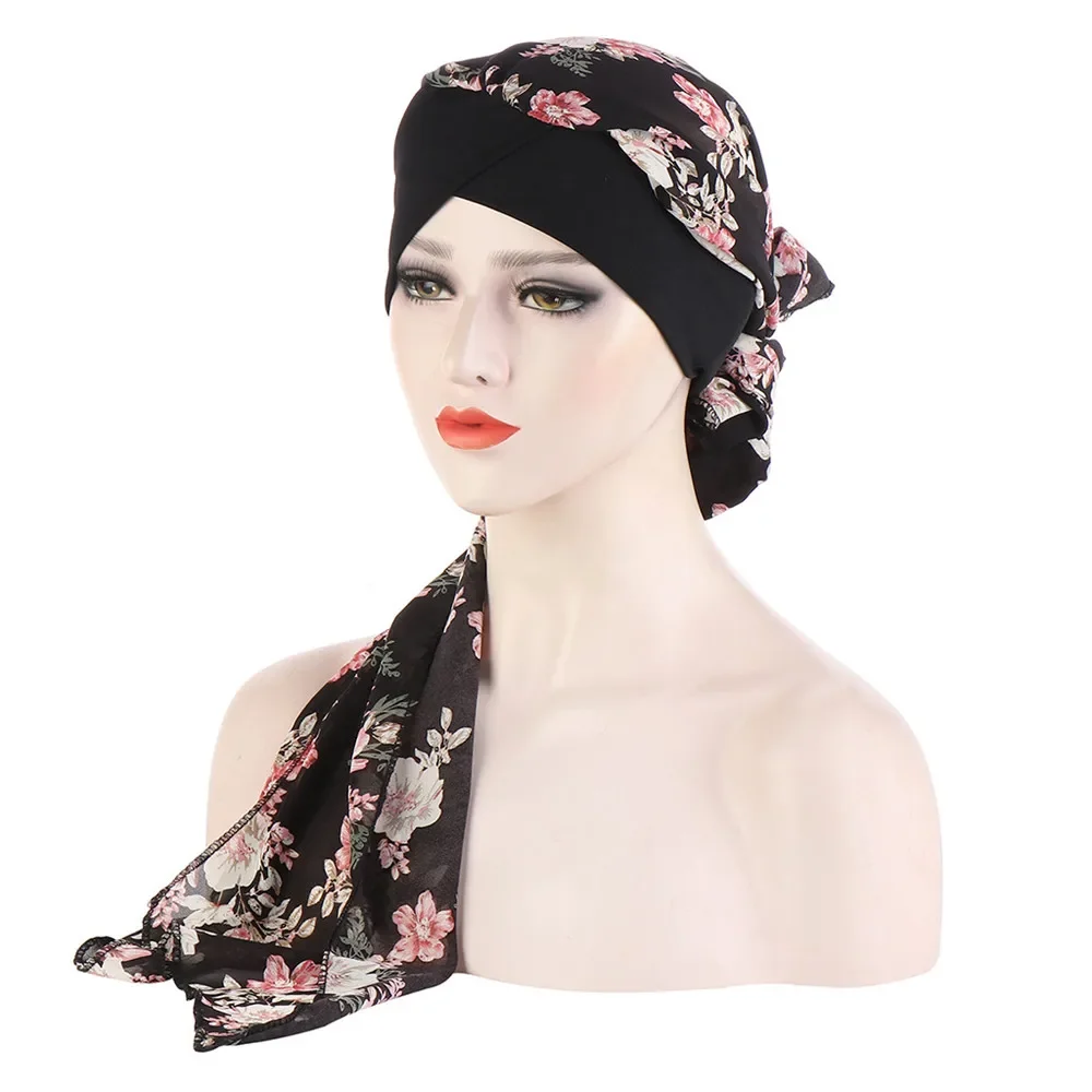 Le Donne musulmane Lungo Chiffon Foulard Scialle Islam Turbante Cap Indiano Stampa Floreale Hijab Beanie Perdita di Capelli Choker Boho Avvolge Moda