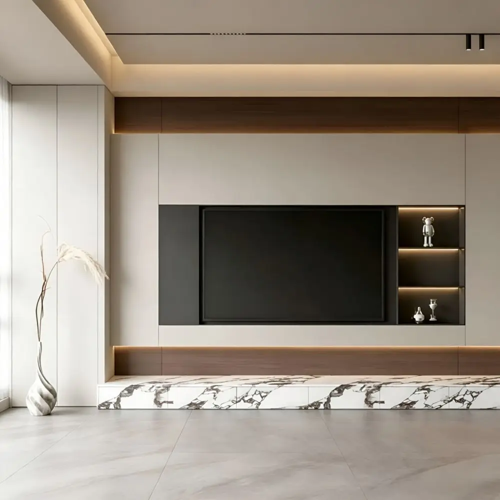 Custom curved design TV background wall, marble textured base, integrated LED modern luxury TV cabinet