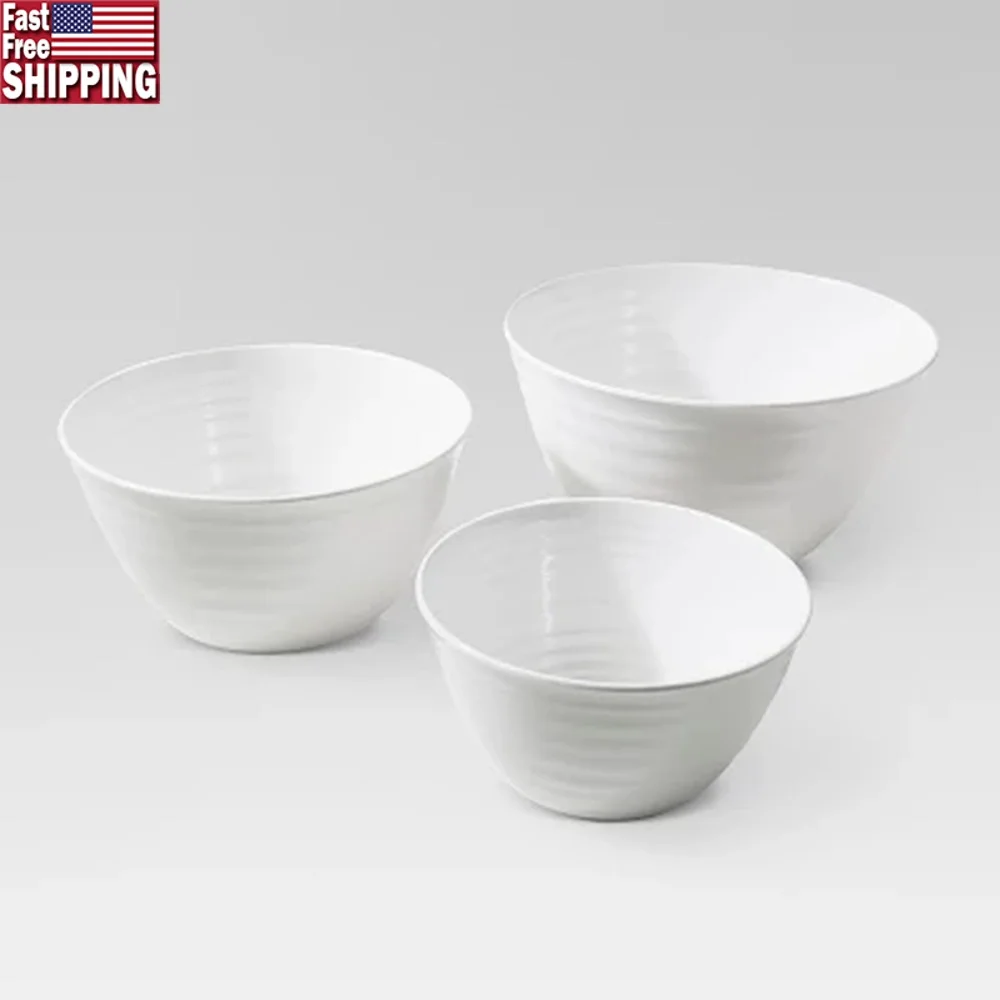 

3pc White Melamine Nesting Serving Bowls Set Durable Lightweight Dishwasher Safe Easy Storage Kitchen Dining Essential