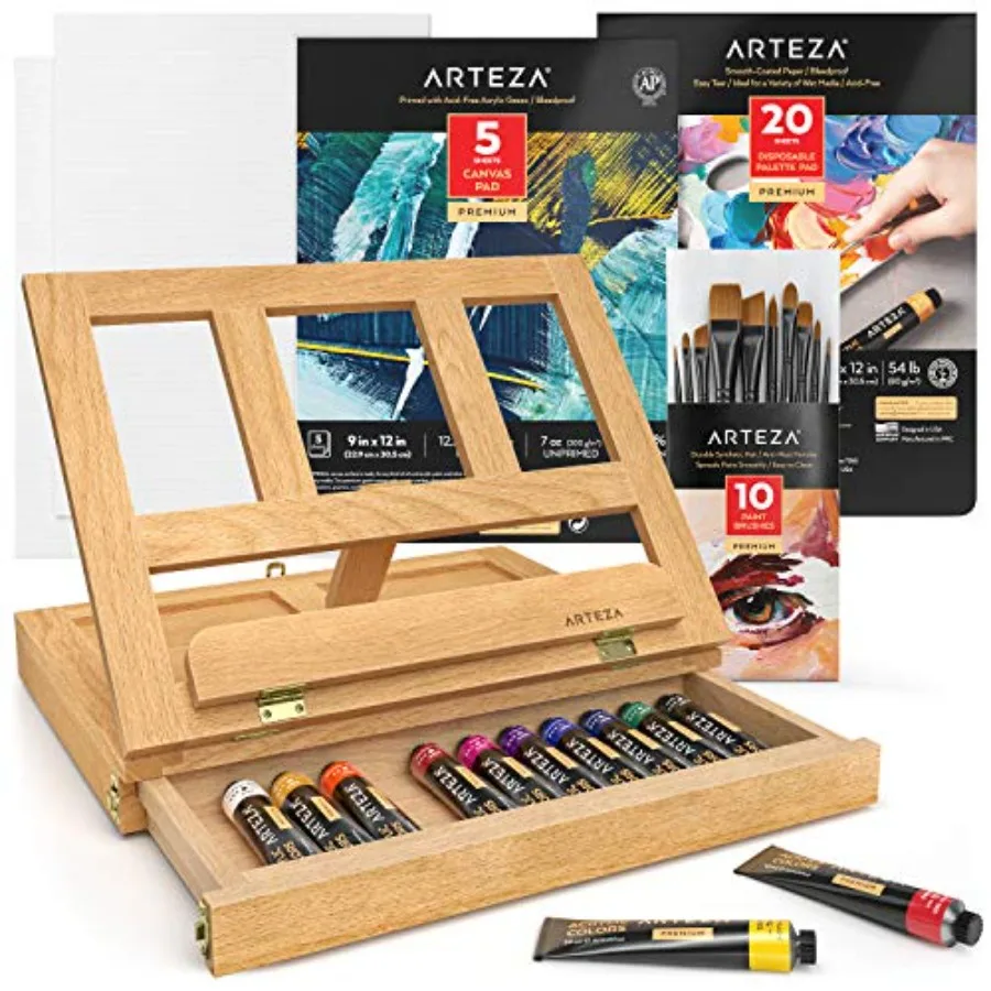 

Acrylic Art Set, Includes Tabletop Easel, 12 Acrylic Paint Tubes, Palette Paper, 10 Paintbrushes, Canvas Pads and Canvas Panels