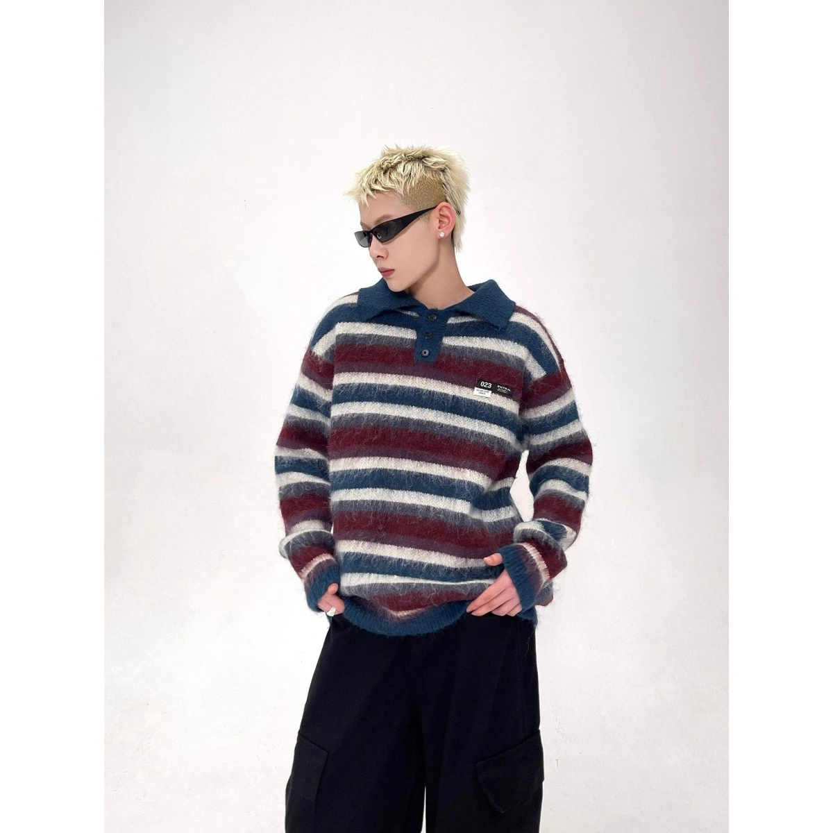 

American Sle Lazy Vintage Loose Ne Striped Sweater ex Autumn Winter Classic Collar Top Trendy Soft Polyester Kni...