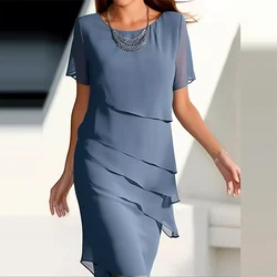 New Women's Tierred A Line Dress Elegant Lady Patchwork Chiffon O Neck Short Sleeve Dress Fashion Sexy Female Casual Party Dress