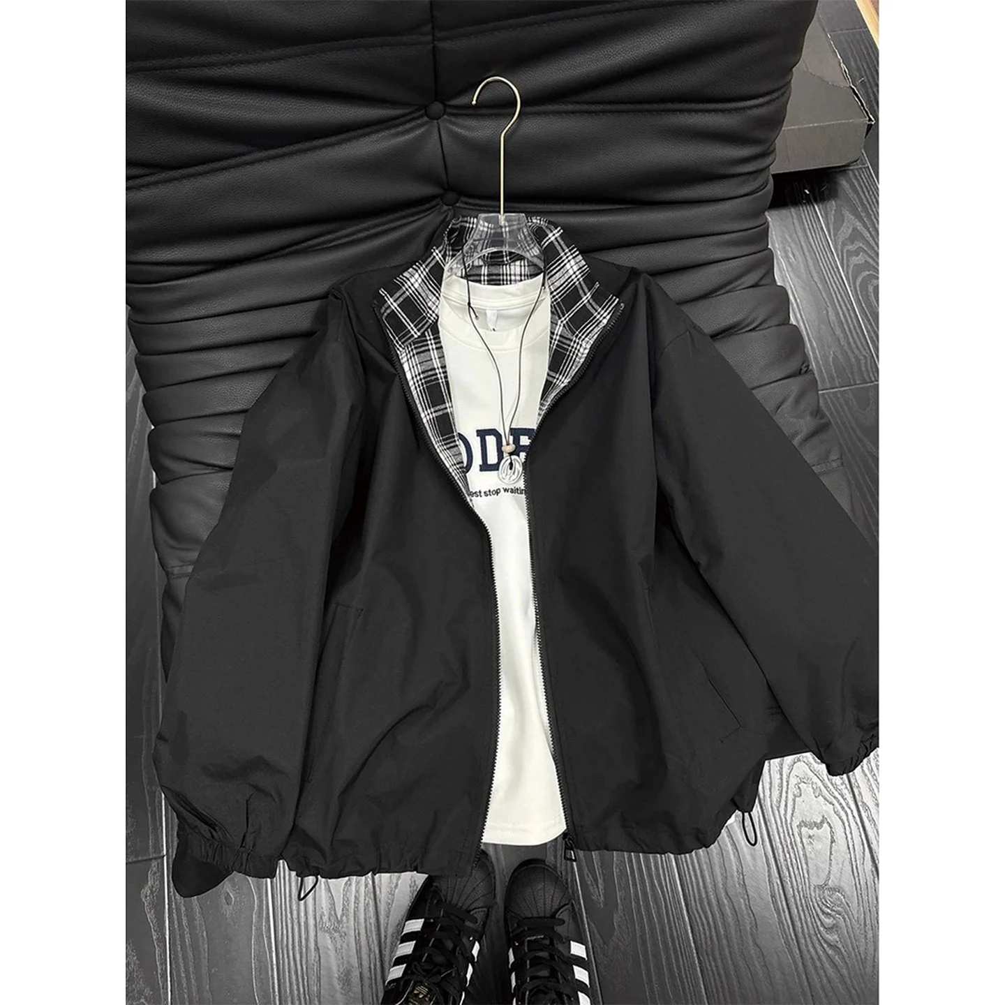 

Cleanfit Plaid Splicing Color Block Pilot Jacket Men's Casual Spring Autumn High Quality Couple Outerwear Black Grid Splicing