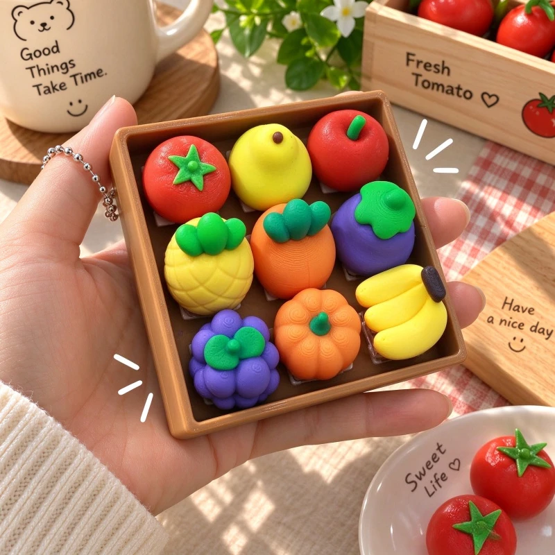 9Keycap Fruit Fidget Clicker Keychain Simulation Vegetable Press Button Bag Charm Anti Stress Adults Christmas Gift Keyring