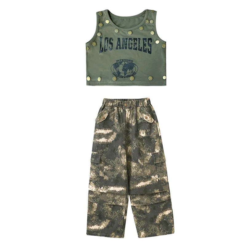 [4-15 Years Old]Girls Hip Hop Jazz Dance Suit High Waist Crop Top Korean Camouflage Pants Girl