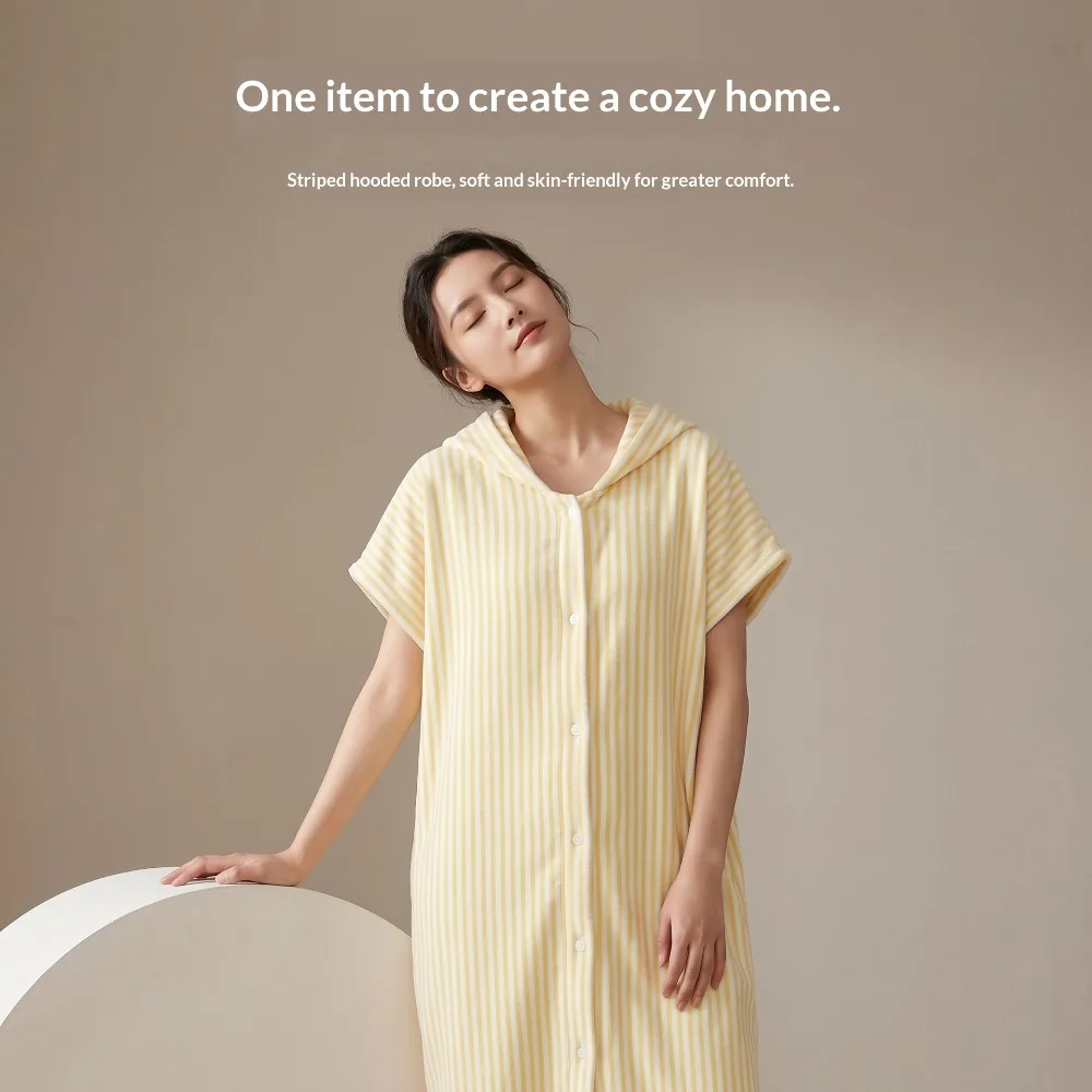 Coral Fleece Short Sleeve Bathrobe 10A Color Stripe Contrast Bath Dress Wearable Towel Homewear for Women