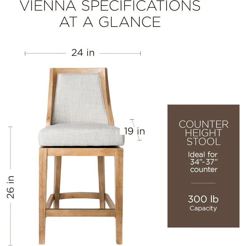 Vienna 26 Inch Tall Counter Height Rotating High Back Barstool in Weathered Oak Finish with Sand Color Fabric