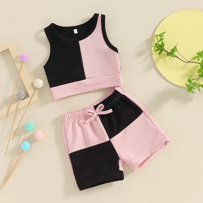 

Children Kids Baby Girls Summer Clothes Sets Sleeveless Contrast Color Tank Tops Drawstring Shorts Sportwear Clothing Sets