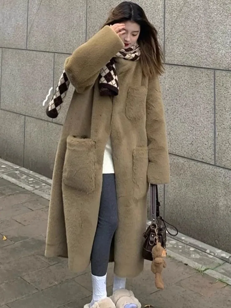 Chic Coffee Fur Imitation Coat Women Winter Mid Long Loose And Slim Fur Environmental Protection Mink Fur Buckle Mink Warm Coat