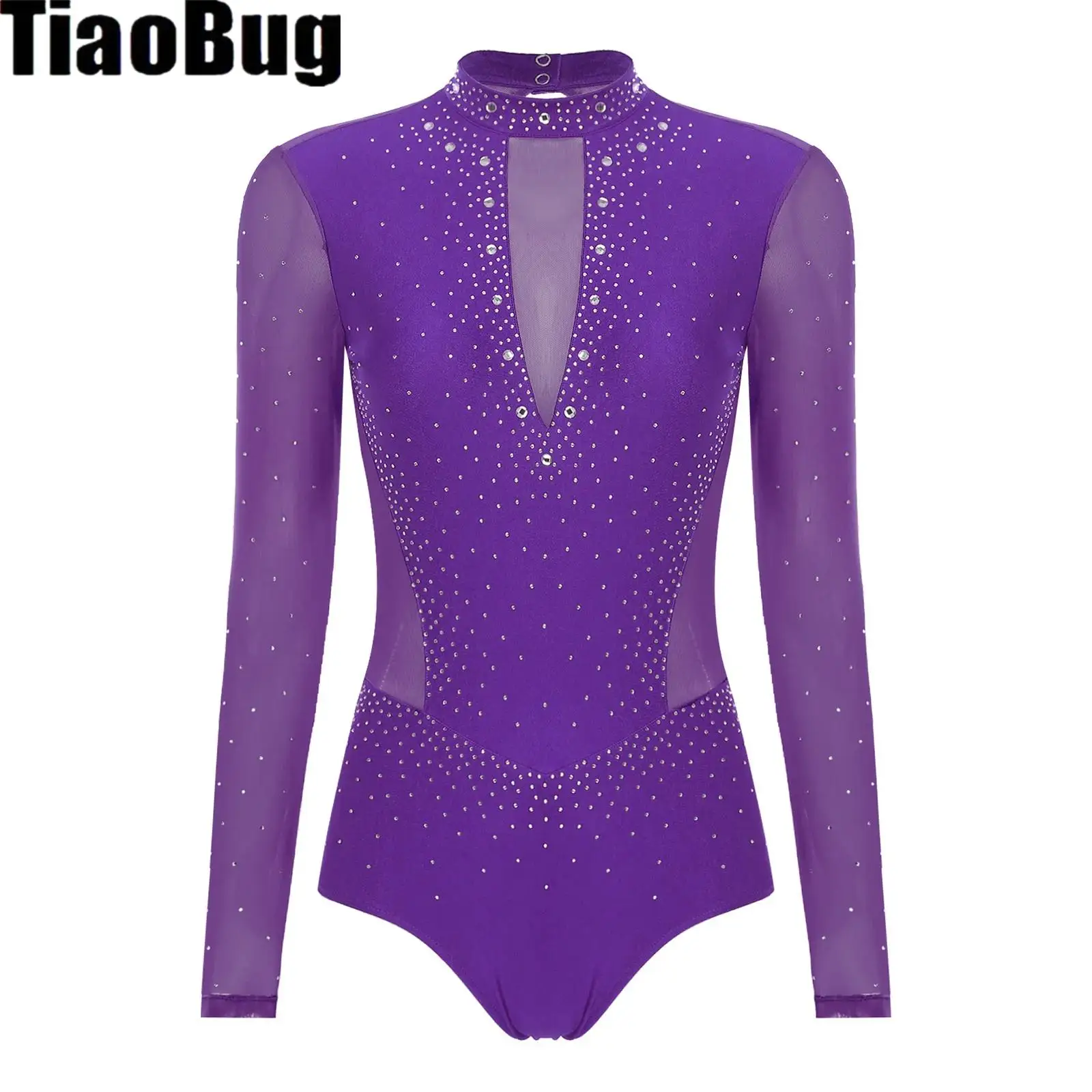 

Women Figure Skating Gymnastics Ballet Leotard Long Sleeve Hollow Back Sheer Mesh Rhinestone Bodysuit Yoga Athletic Dancewear