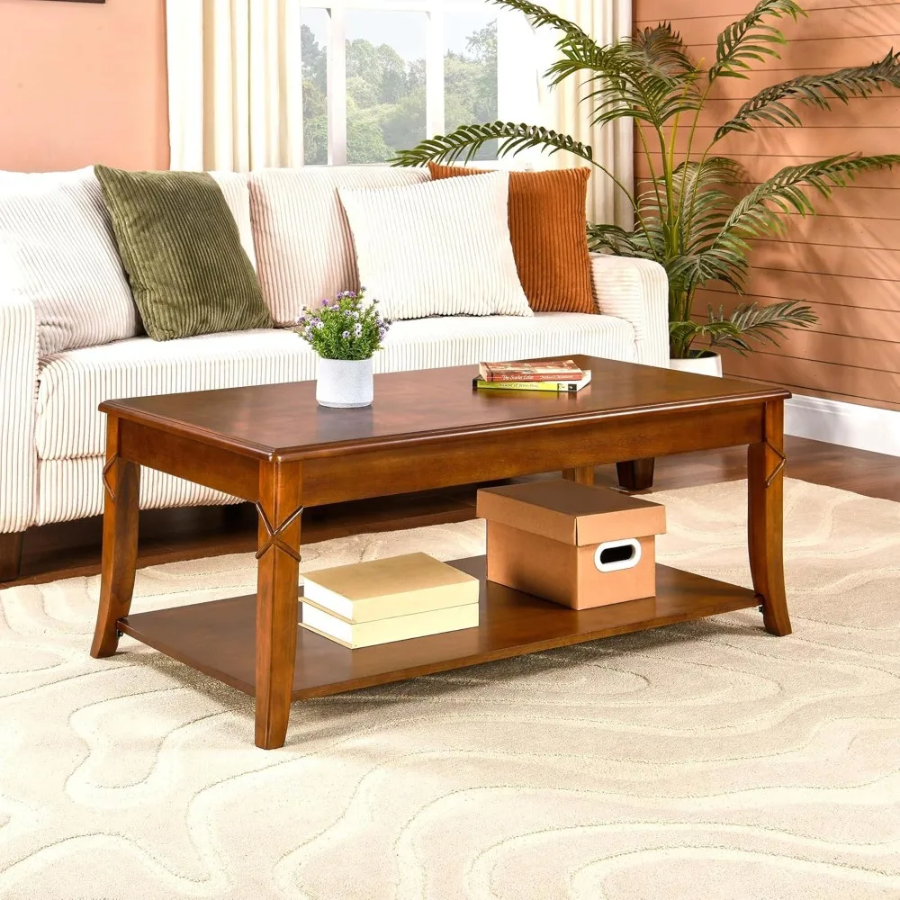 

Solid Wood Coffee Table with Storage Shelf, Mid-Century Living Room Table with Wood Carved Tabletop and Leg, 43.3” Spli