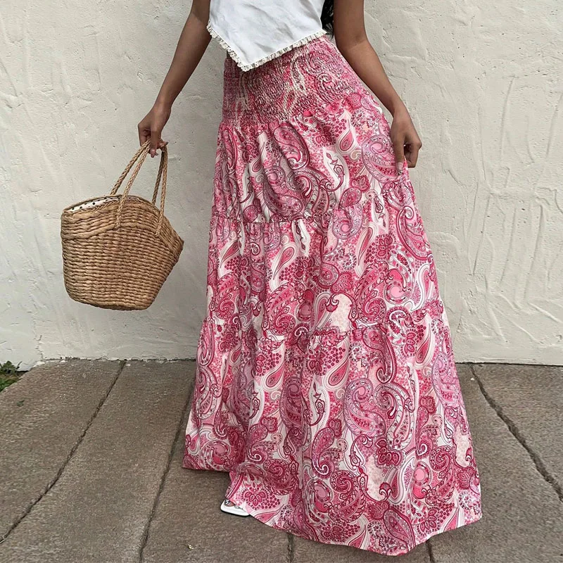 

Skirts for Women Faldas Elastic Waist Women Skirt 2025 New Summer Print Skirts Sweet A-LINE Ankle Length Skirt Women Q280