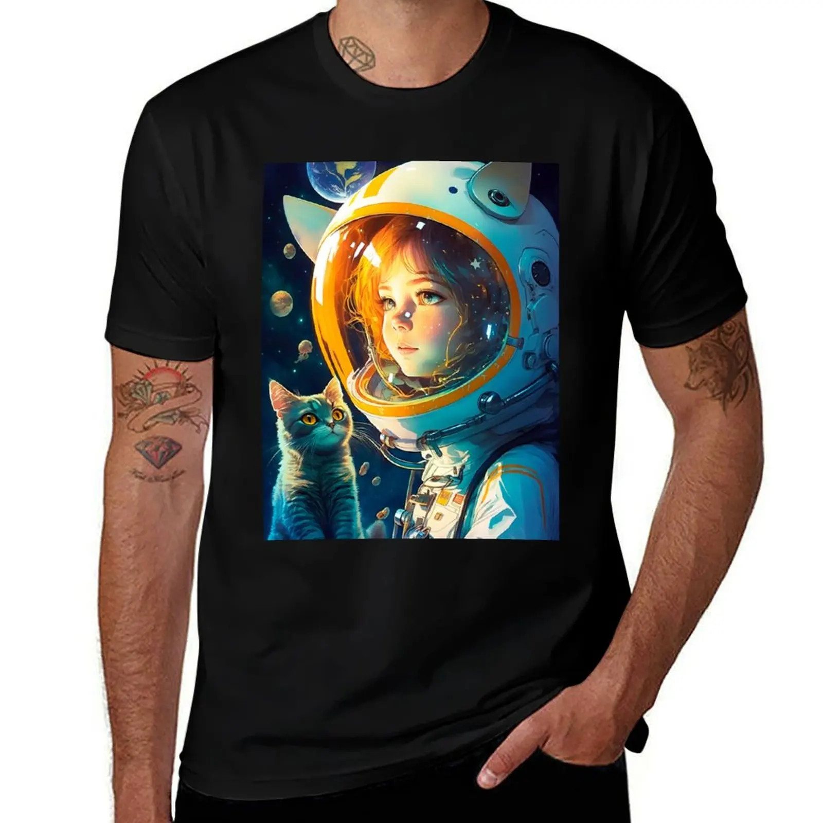 Girl & Сat in Space Fantastic Anime Retro 70s T-Shirt All Match Print Short Sleeve Top T-Shirt