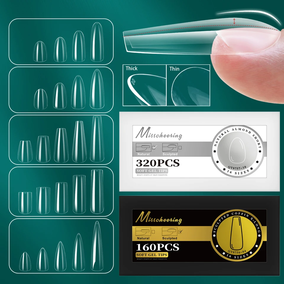 16 tallas de tips de gel curvos y suaves, uñas postizas esculpidas y naturales, cobertura completa, forma almendra, cápsulas francesas para extensión