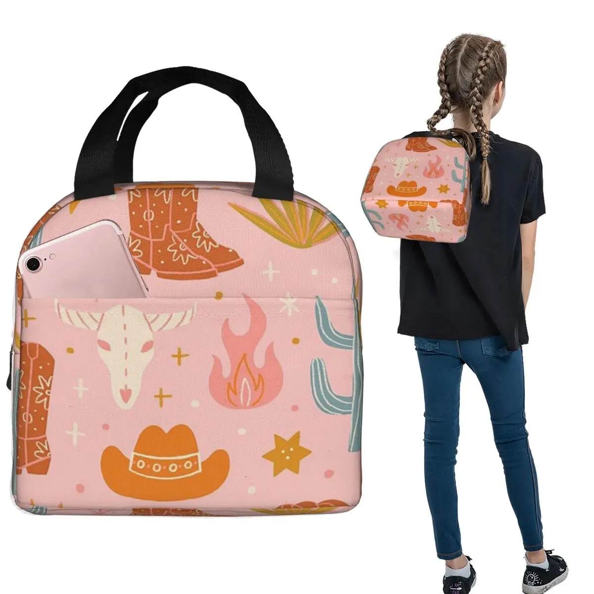 Western Cowboy Cactus Cow Head Floral Insulated Lunch Bag for Women Kids Portable Food Boxes Thermal Lunch Box Tote